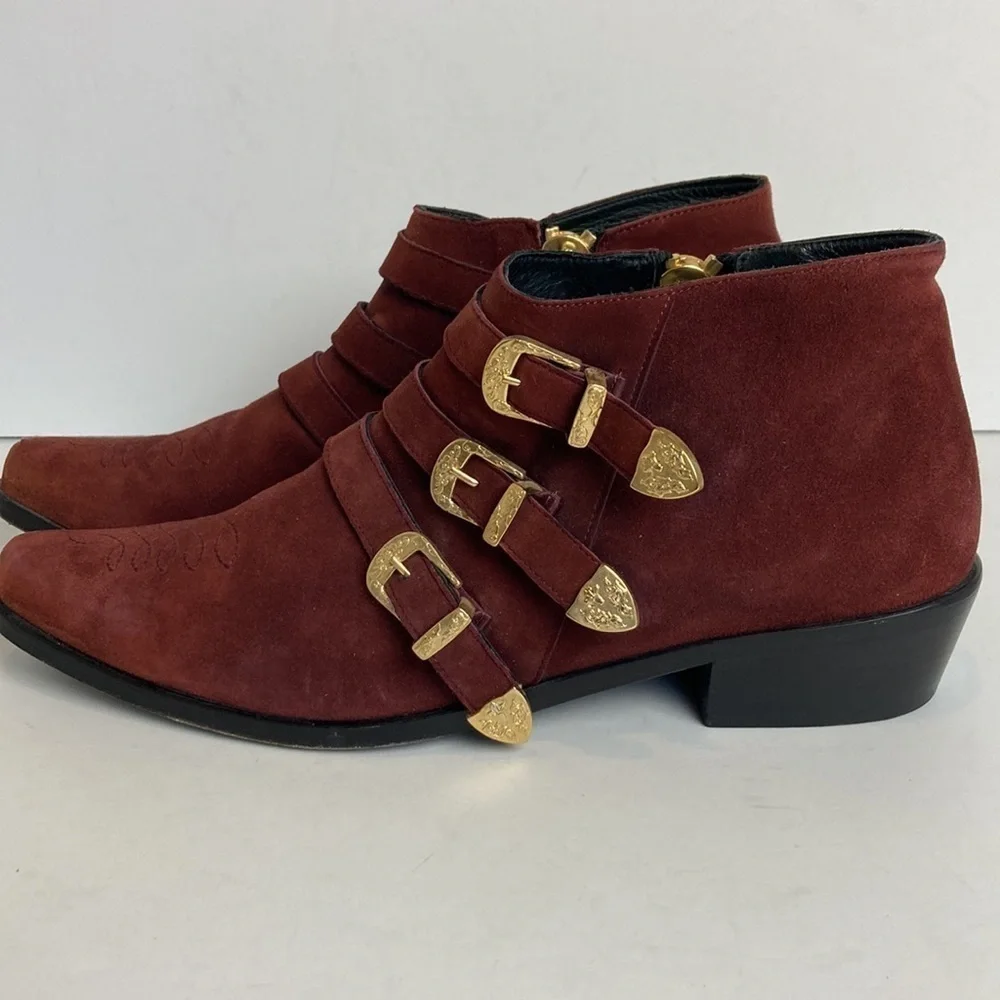 Anine Bing Witchy Western Emma Boots Burgundy Gold Triple Buckle Luxury Cowboy - Picture 6 of 16